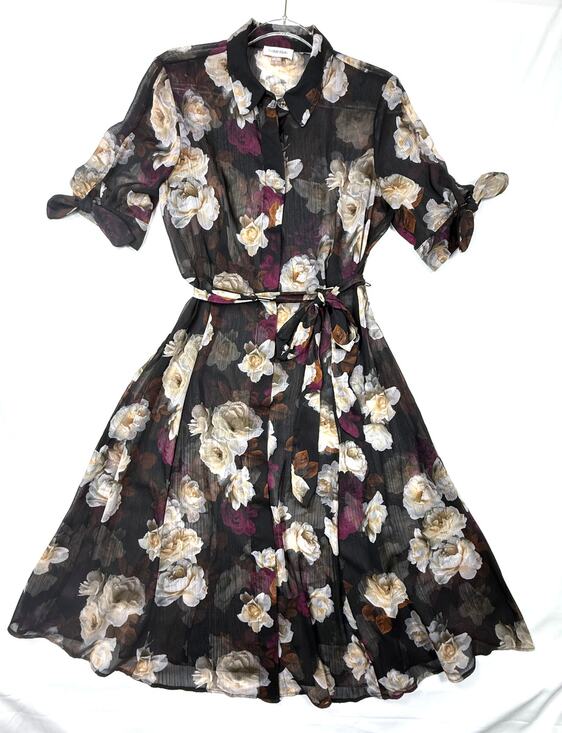 Calvin Klein Dresses & Skirts - Calvin Klein women's black floral print dress sheer belted waist Sz 8